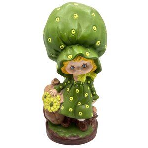 Vtg 1970s Ceramic Girl Bonnet Figurine Hand Painted Polka Dot Dress Flower Bag